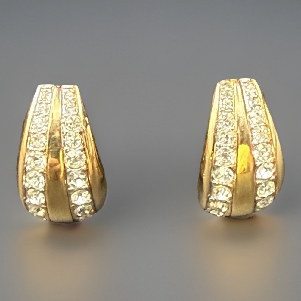 Nina Ricci Vintage GoldTone Rhinestone Clip On Huggie Hoop Earrings Signed